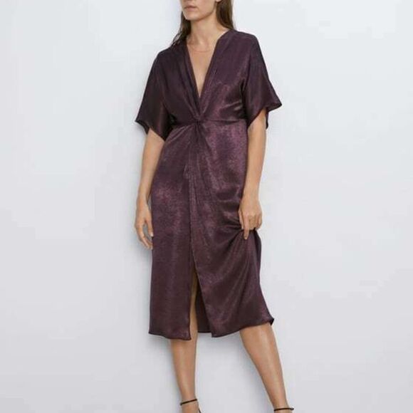 Zara Womens Satin Effect Dress XS Purple Midi - Picture 1 of 7